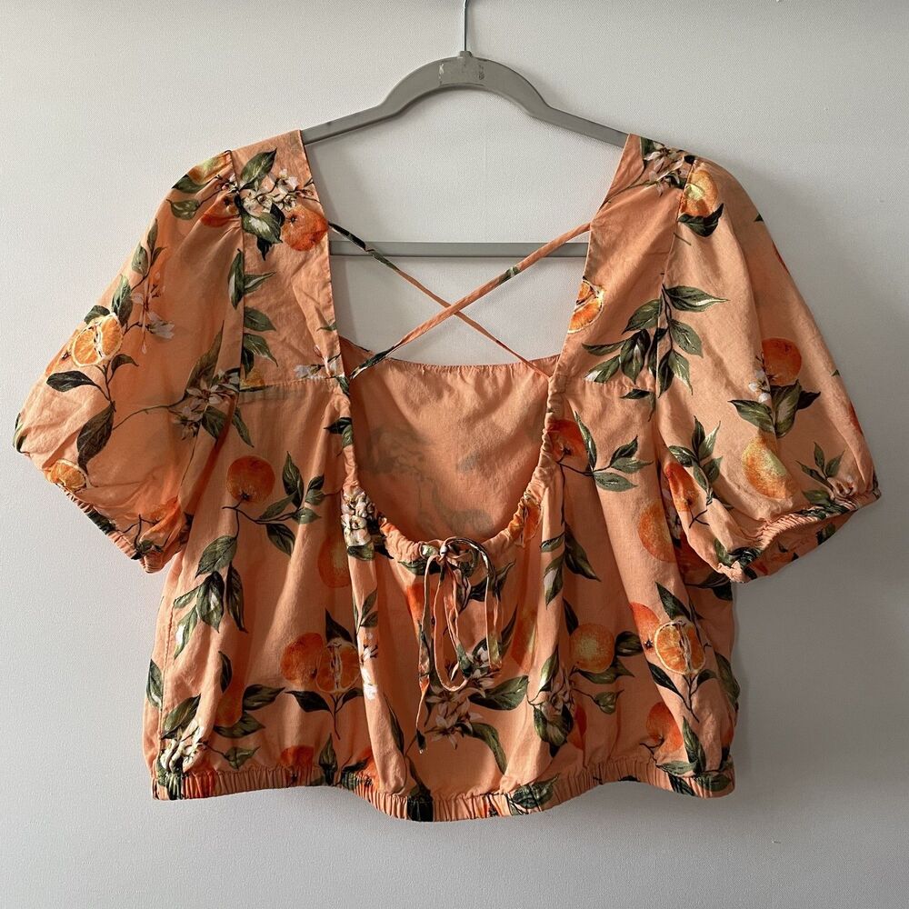 LOFT Orange Short Sleeve Orange Print Strappy Square Neckline Cropped Top Size L - Picture 4 of 10